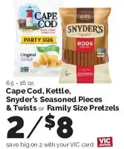 Harris Teeter Cape Cod, Kettle, Snyder's Seasoned Pieces & Twists or Family Size Pretzels offer