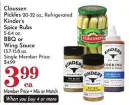 Pavilions Claussen Pickles, Kinder's Spice Rubs, BBQ or Wing Sauce offer