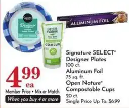 Pavilions Signature Select Designer Plates, Aluminum Foil, Open Nature Compostable Cups offer
