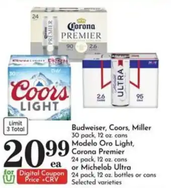 Pavilions Budweiser, Coors, Miller Modelo Oro Light, Corona Premier or Michelob Ultra offer