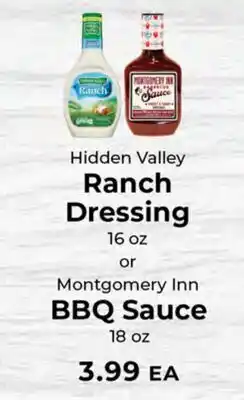 Sunset Foods Hidden Valley Ranch Dressing 16 oz or Montgomery Inn BBQ Sauce 18 oz offer