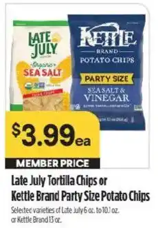 Raley's Late July Tortilla Chips or Kettle Brand Party Size Potato Chips offer