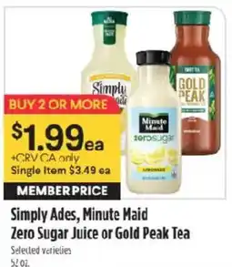 Raley's Simply Ades, Minute Maid Zero Sugar Juice or Gold Peak Tea offer