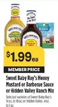 Raley's Sweet Baby Ray's Honey Mustard or Barbecue Sauce or Hidden Valley Ranch Mix offer