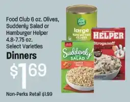 Maceys Food Club Olives, Suddenly Salad or Hamburger Helper offer