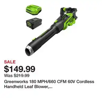 Tractor Supply Company Greenworks 180 MPH/660 CFM 60V Cordless Handheld Leaf Blower, Battery and Charger Included offer