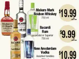 Big Saver Foods Makers Mark Boubon Whiskey 750 ml, Bacardi Rum Gold or Superior 750 ml, New Amsterdam Vodka offer