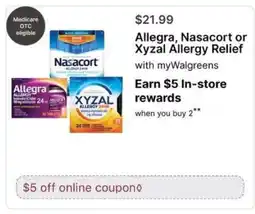 Walgreens Allegra, Nasacort or Xyzal Allergy Relief offer