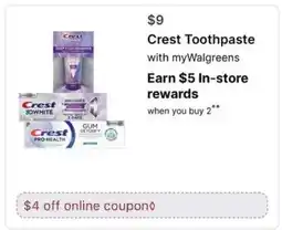 Walgreens Crest Toothpaste offer
