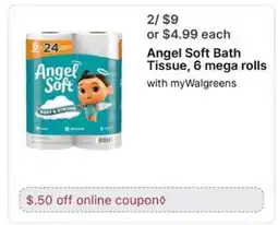 Walgreens Angel Soft Bath Tissue, 6 mega rolls offer