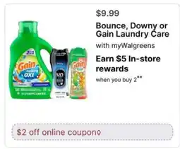Walgreens Bounce, Downy or Gain Laundry Care offer