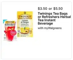 Walgreens Twinings Tea Bags or Refreshers Herbal Tea Instant Beverage offer
