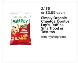 Walgreens Simply Organic Cheetos, Doritos, Lay's, Ruffles, Smartfood or Tostitos offer