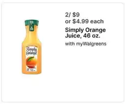 Walgreens Simply Orange Juice, 46 oz offer
