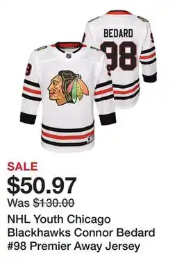 Dick's Sporting Goods NHL Youth Chicago Blackhawks Connor Bedard #98 Premier Away Jersey offer
