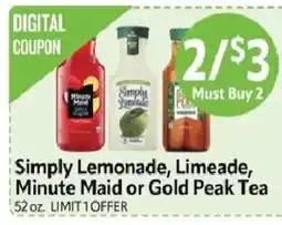 Homeland Market Simply Lemonade, Limeade, Minute Maid or Gold Peak Tea offer