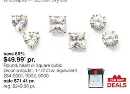 JC Penney Round, heart or square cubic zirconia studs offer
