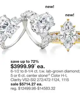 JC Penney 6-1/2 to 8-1/4 ct. t.w. lab-grown diamond 5 or 6 ct. center stone◊‡ Color H-I, Clarity VS2-SI2 offer