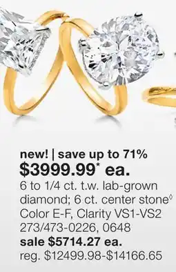 JC Penney 6 to 1/4 ct. t.w. lab-grown diamond 6 ct. center stone Color E-F, Clarity VS1-VS2 273/473-0226, 0648 offer