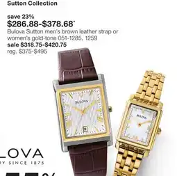 JC Penney Bulova Sutton men's brown leather strap or women's gold-tone offer