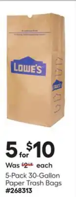 Lowe's 5-Pack 30-Gallon Paper Trash Bags offer