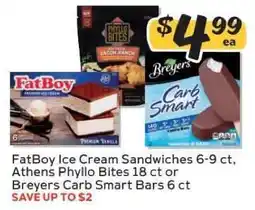 Winn Dixie FatBoy Ice Cream Sandwiches, Athens Phyllo Bites, Breyers Carb Smart Bars offer