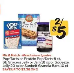 Winn Dixie Pop-Tarts or Protein Pop-Tarts, SE Grocers Jelly or Jam, Sunbelt Granola Bars offer