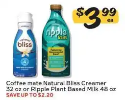 Winn Dixie Coffee mate Natural Bliss Creamer or Ripple Plant Based Milk offer