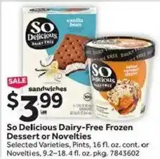 Stop&Shop So Delicious Dairy-Free Frozen Dessert or Novelties offer