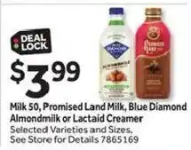 Stop&Shop Milk 50, Promised Land Milk, Blue Diamond Almondmilk or Lactaid Creamer offer