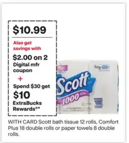CVS Scott bath tissue 12 rolls, Comfort Plus 18 double rolls or paper towels 8 double rolls offer