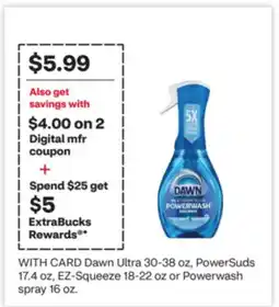 CVS Dawn Ultra 30-38 oz, PowerSuds 17.4 oz, EZ-Squeeze 18-22 oz or Powerwash spray 16 oz offer