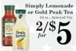 Harvest Foods Simply Lemonade or Gold Peak Tea offer