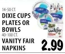 Karns Dixie cups plates or bowls vanity fair napkins offer