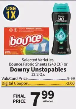 Food City Bounce Fabric Sheets or Downy Unstoppables offer