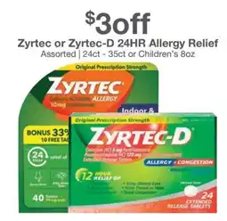 Kinney Drugs Zyrtec or Zyrtec-D 24HR Allergy Relief offer