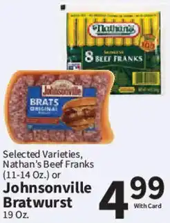 Food City Nathan's Beef Franks or Johnsonville Bratwurst offer