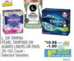 Ingles Markets L or Tampax Pearl Tampons or Always Liners or Pads offer