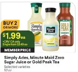 Raley's Simply Ades, Minute Maid Zero Sugar Juice or Gold Peak Tea offer