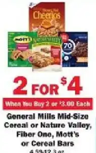 Schnucks General Mills Mid-Size Cereal or Nature Valley, Fiber One, Mott's or Cereal Bars offer