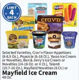 Food City Selected Varieties, Crav'n Flavor Appetizers or Novelties, Popscicle or Yasso Ice Cream or Novelties or Talenti or Mayfield I offer