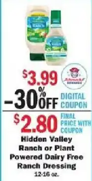 Schnucks Hidden Valley Ranch or Plant Powered Dairy Free Ranch Dressing offer