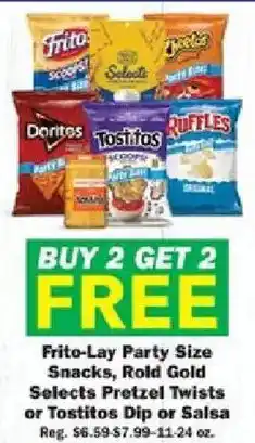 Schnucks Frito-Lay Party Size Snacks, Rold Gold Selects Pretzel Twists or Tostitos Dip or Salsa offer