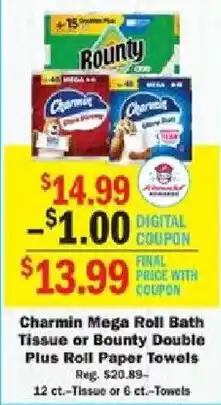 Schnucks Charmin Mega Roll Bath Tissue or Bounty Double Plus Roll Paper Towels offer