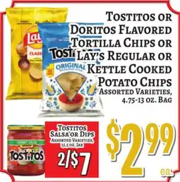 Trade Fair Supermarket TOSTITOS OR DORITOS FLavored Tortilla Chips OR Lay's Regular or Kettle Cooked Potato Chips offer