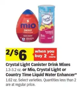 Meijer Crystal Light Canister Drink Mixes or Mio, Crystal Light or Country Time Liquid Water Enhancer offer