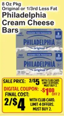 SuperFresh Original or 1/3rd Less Fat Philadelphia Cream Cheese Bars offer