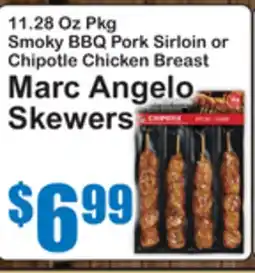 SuperFresh Smoky BBQ Pork Sirloin or Chipotle Chicken Breast Marc Angelo Skewers offer