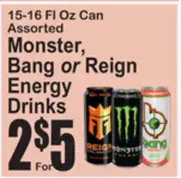 SuperFresh 15-16 Fl Oz Can Assorted Monster, Bang or Reign Energy Drinks offer