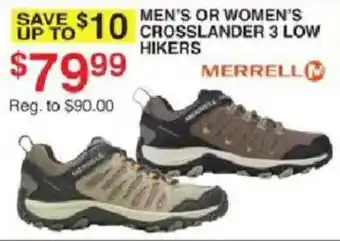 Dunham's Sports Merrell men's or women's crosslander 3 low hikers offer